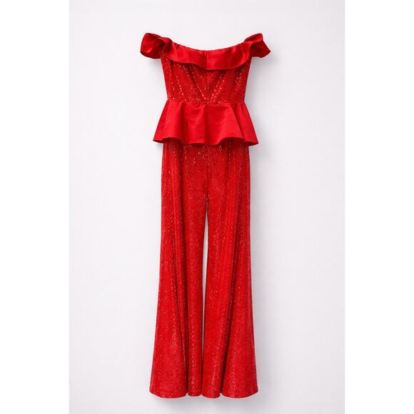 U Lady Juice Pants - U Lady Juice Evening Jumpsuit Womens Medium Red Sequins Peplum Ruffle Glam Gala